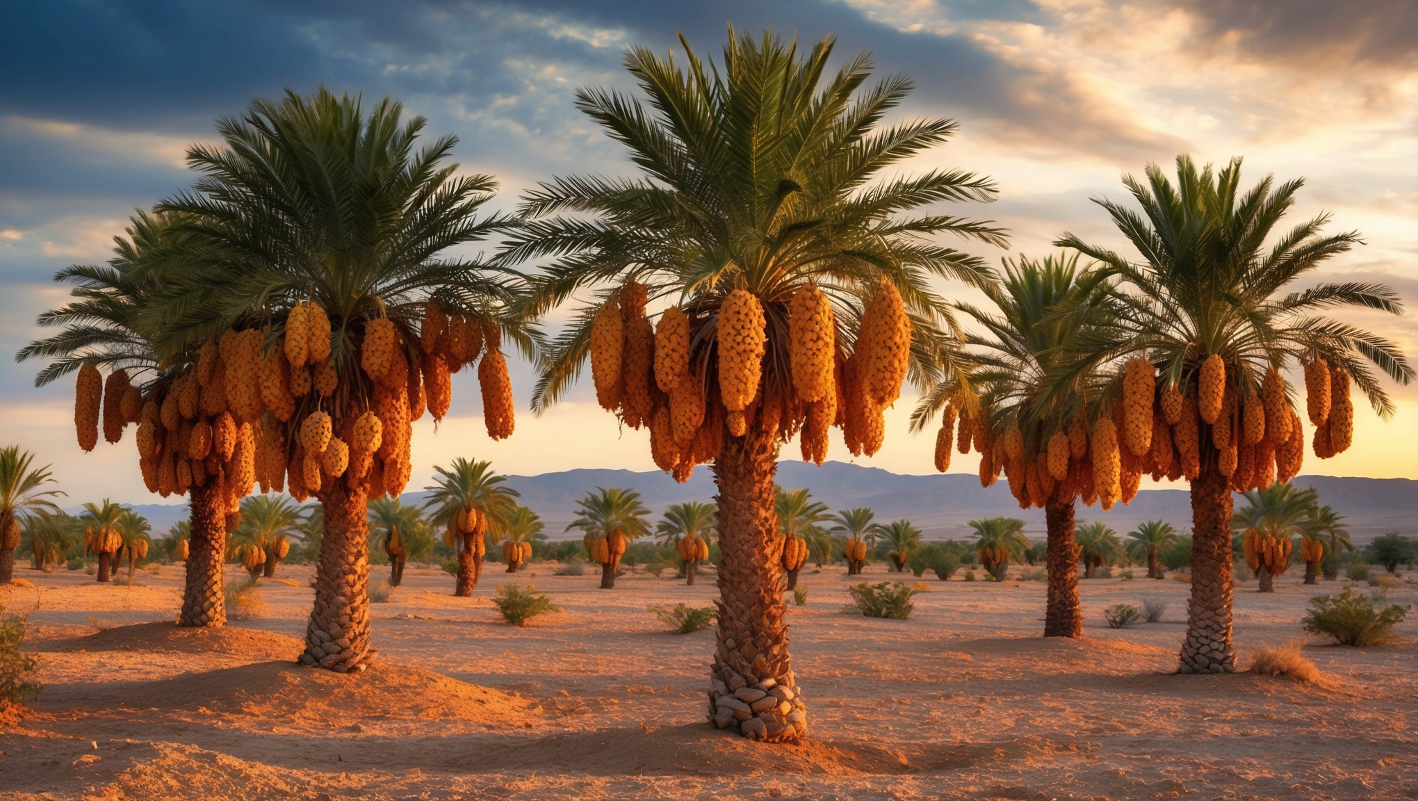 Date palm trees in Jordan Valley at golden hour